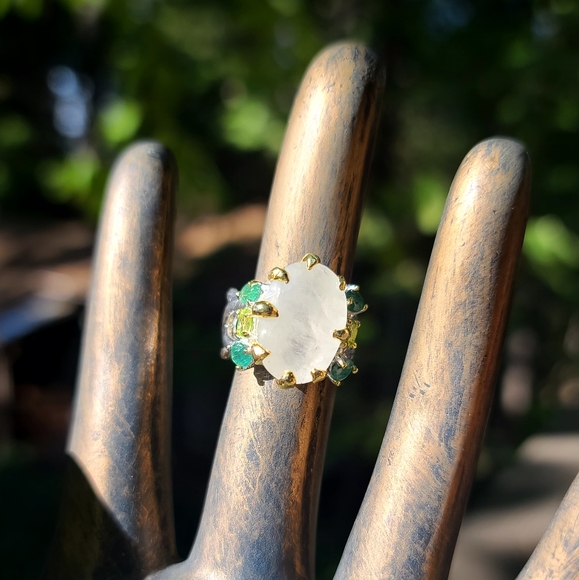HUGE 16k Moonstone Emerald &Peridot Sterling &Gold ring sz6.5 - Picture 6 of 6